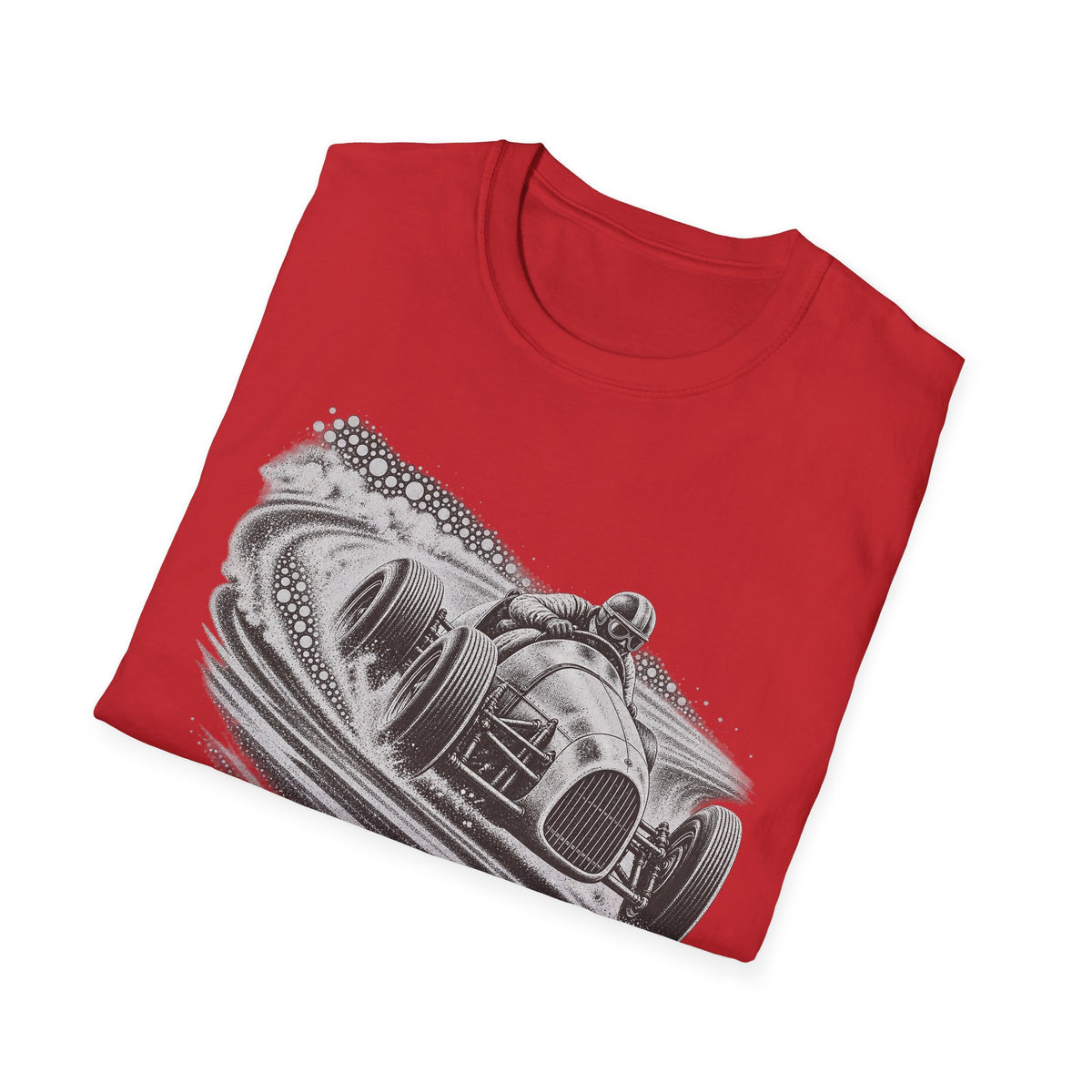 Red T-shirt with vintage silver open-wheel race car graphic across chest