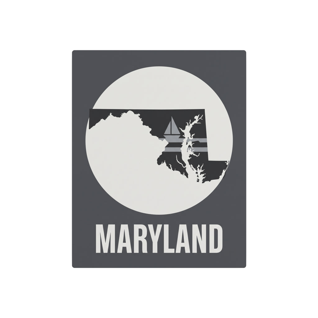 Maryland nautical sailboat metal art sign, dark gray frame with white circle and MARYLAND text