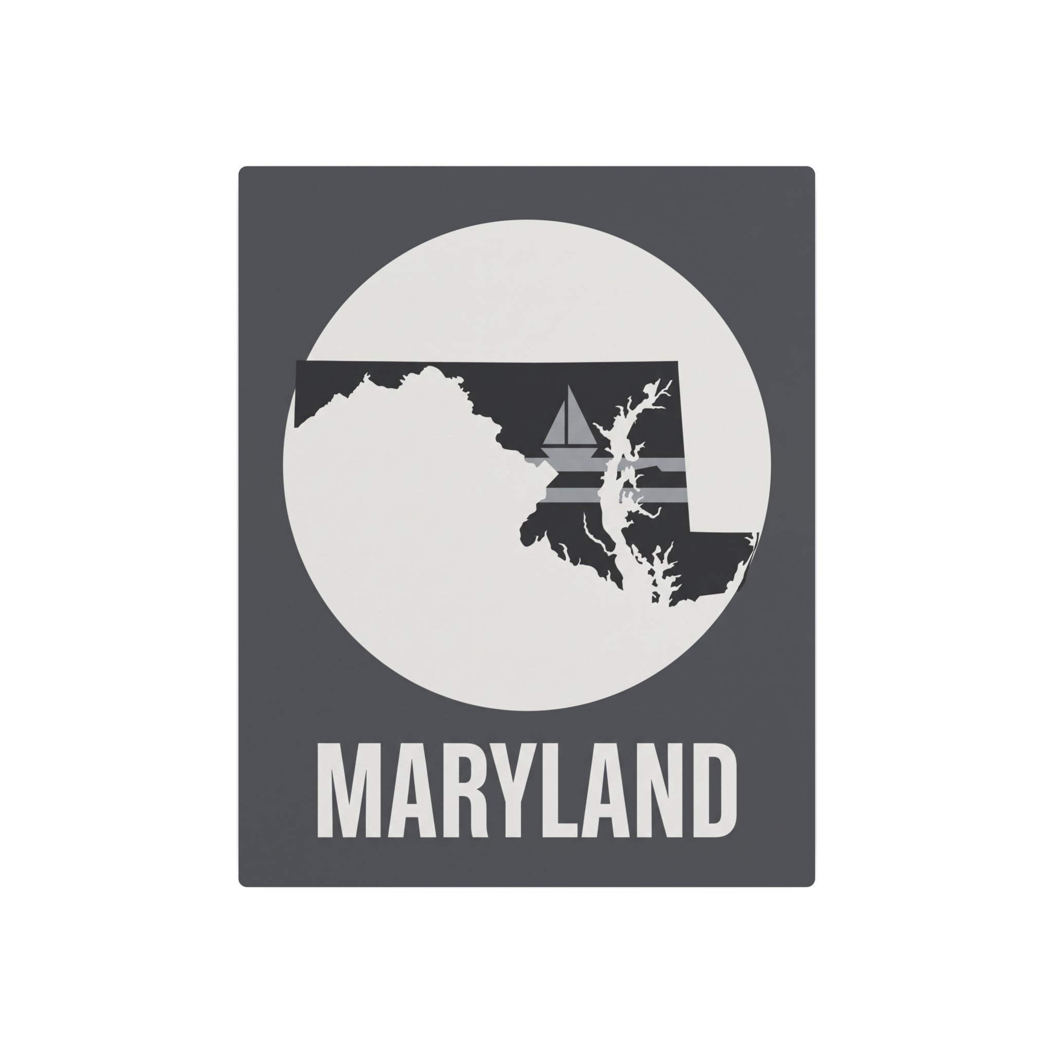 Maryland nautical sailboat metal art sign, dark gray frame with white circle and MARYLAND text