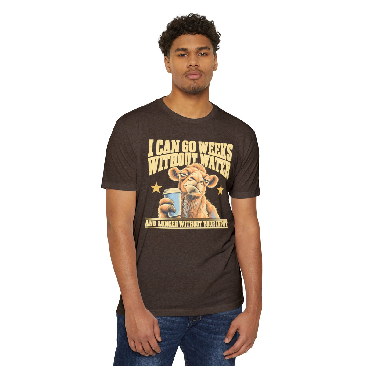 Dark brown unisex T-shirt on model with front camel coffee graphic and text