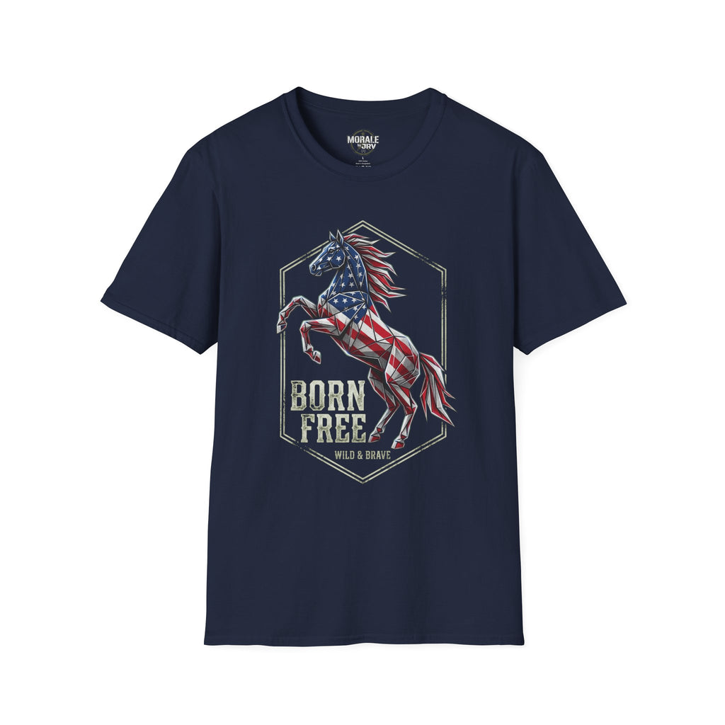 American flag horse T-shirt, navy with "Born Free" horse graphic