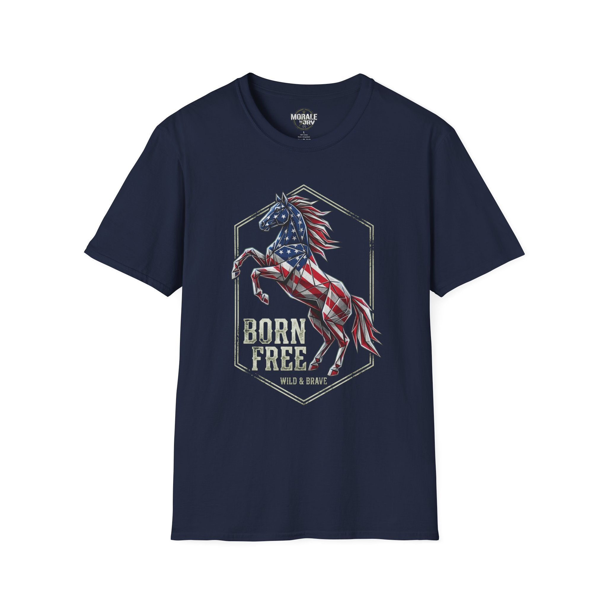 American flag horse T-shirt, navy with "Born Free" horse graphic