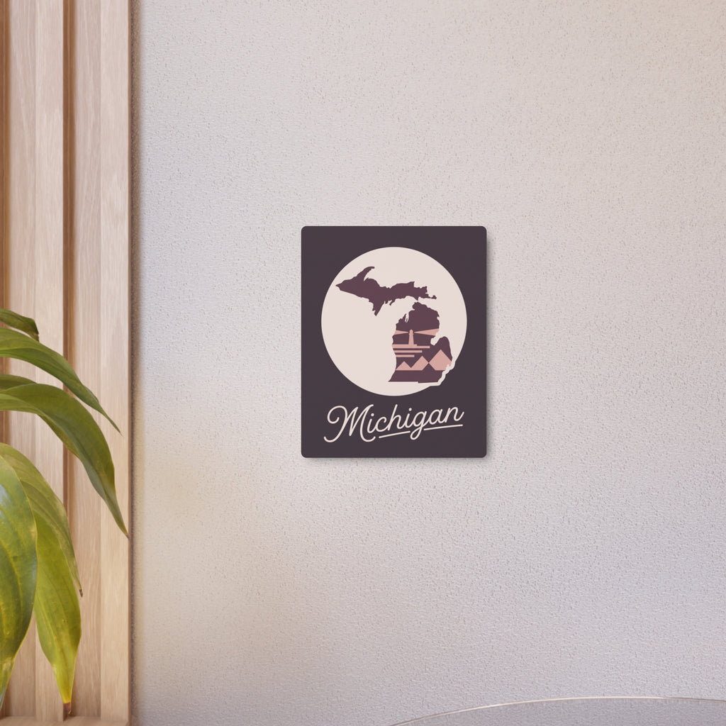 Small mauve metal wall art plaque with pale circle Michigan silhouette and 'Michigan' script