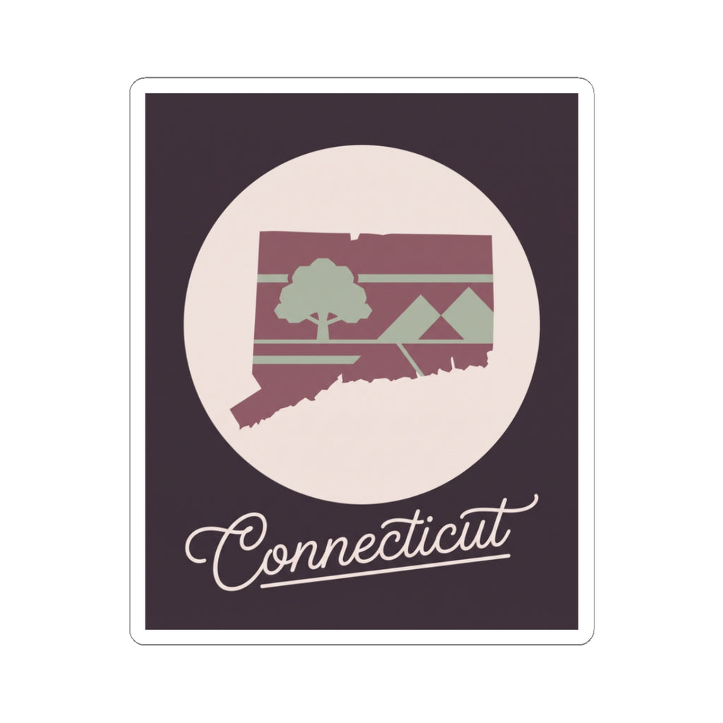 Maroon Connecticut silhouette vinyl sticker with circular badge and cursive 'Connecticut' text