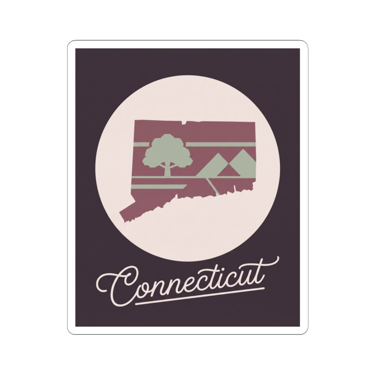 Maroon Connecticut silhouette vinyl sticker with circular badge and cursive 'Connecticut' text