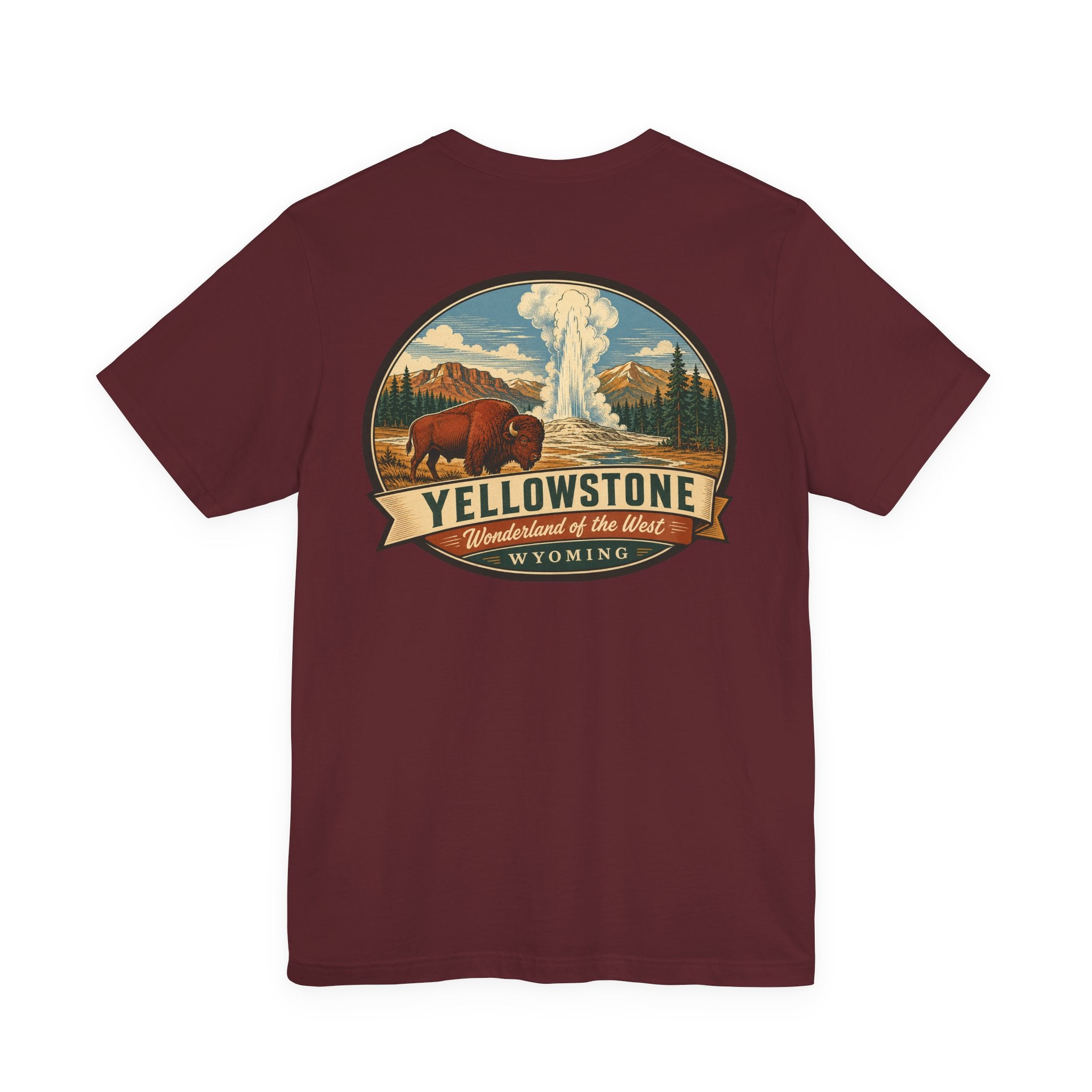 Burgundy T-shirt with large Yellowstone graphic badge, geyser and bison on chest
