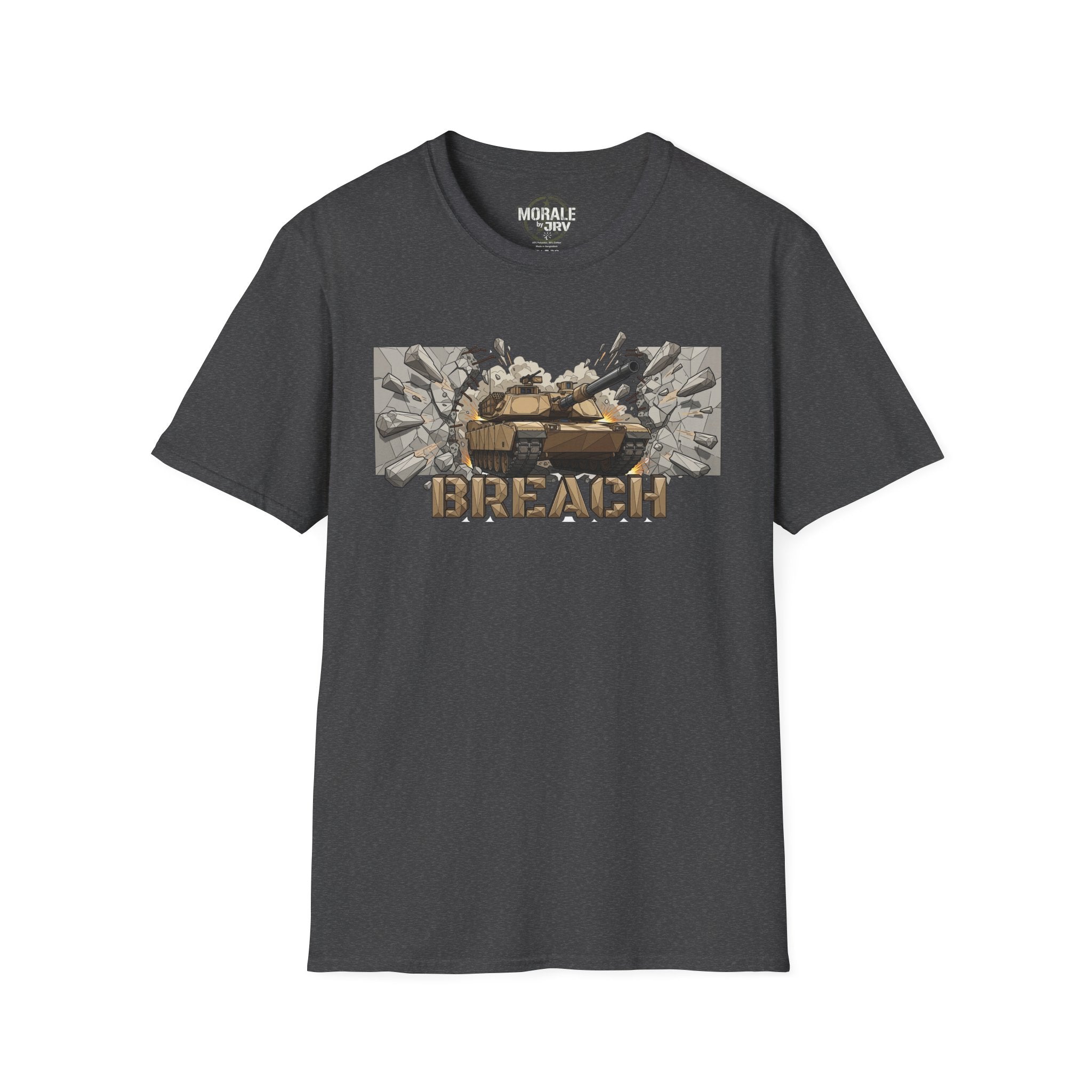 Dark heather BREACH tactical tank graphic T-shirt with burst text design