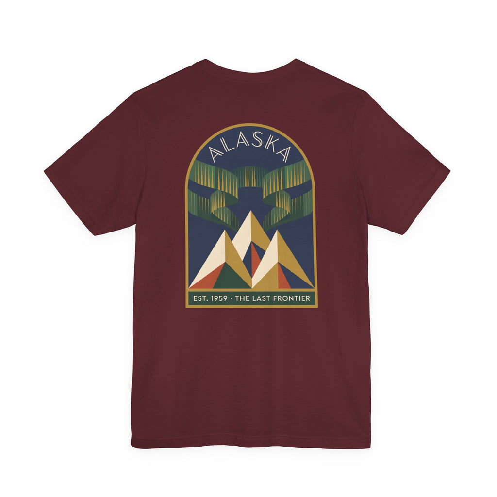 Maroon T-shirt with circular Alaska graphic showing aurora lights and mountains