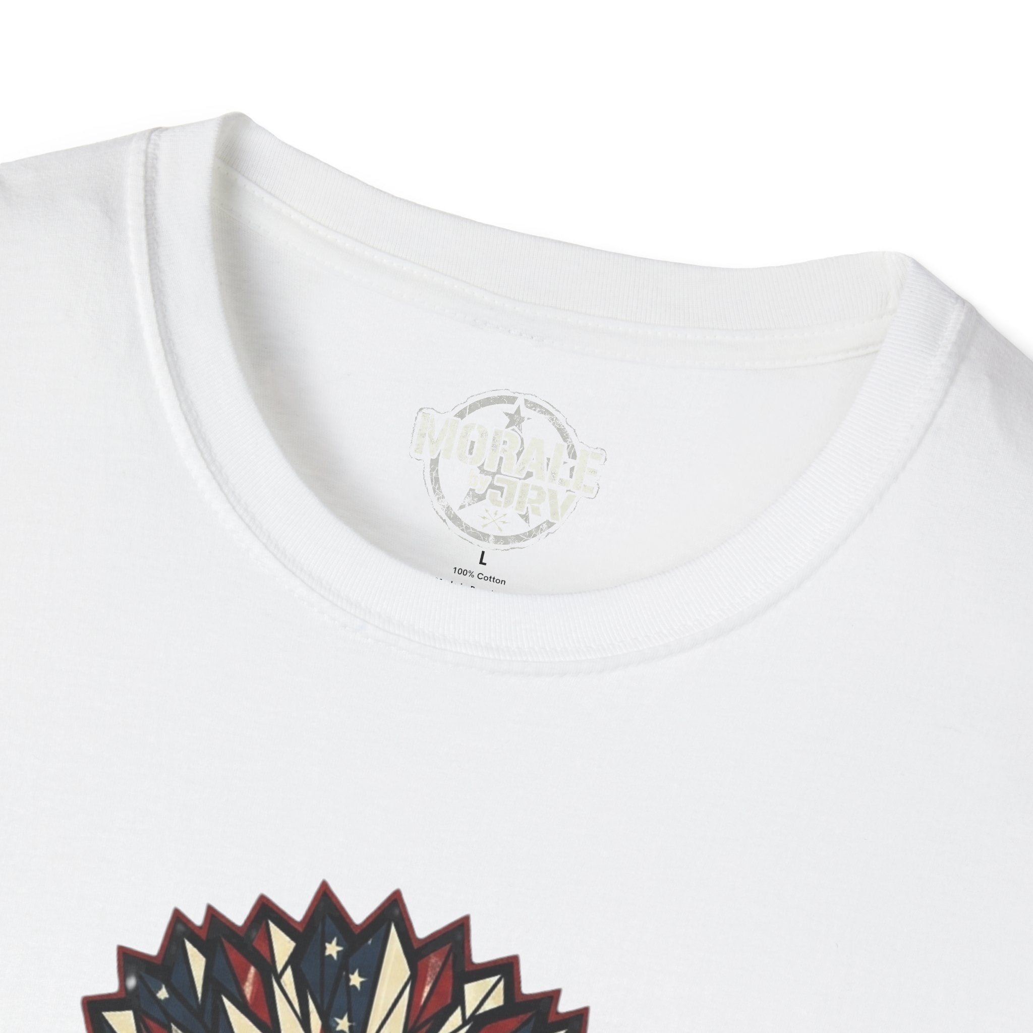 White crewneck T-shirt close-up, collar label and eagle graphic edge