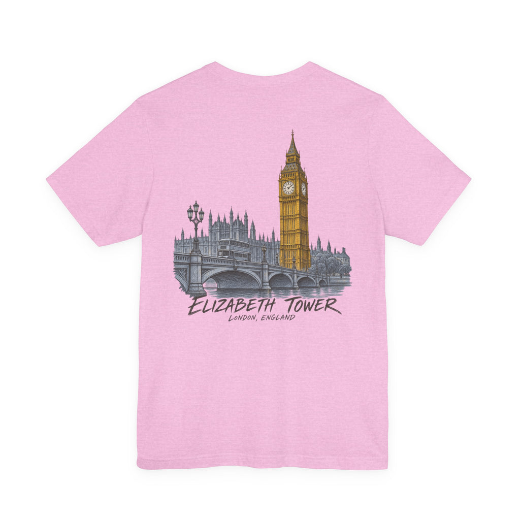 Light pink T-shirt with short sleeves, featuring Elizabeth Tower skyline and text on the back