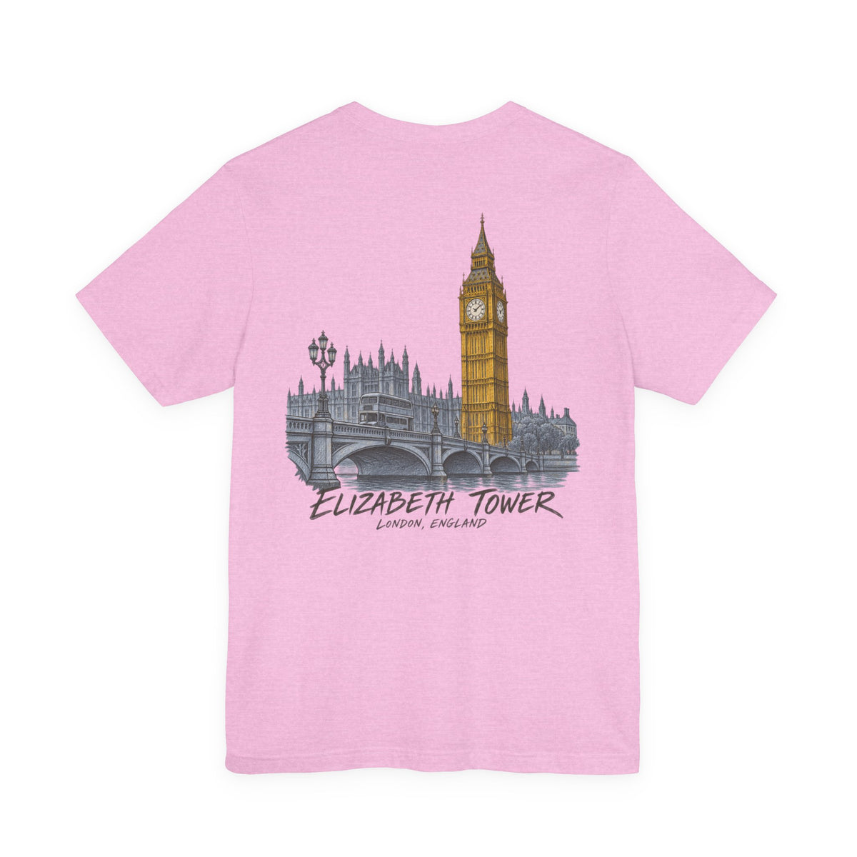 Light pink T-shirt with short sleeves, featuring Elizabeth Tower skyline and text on the back