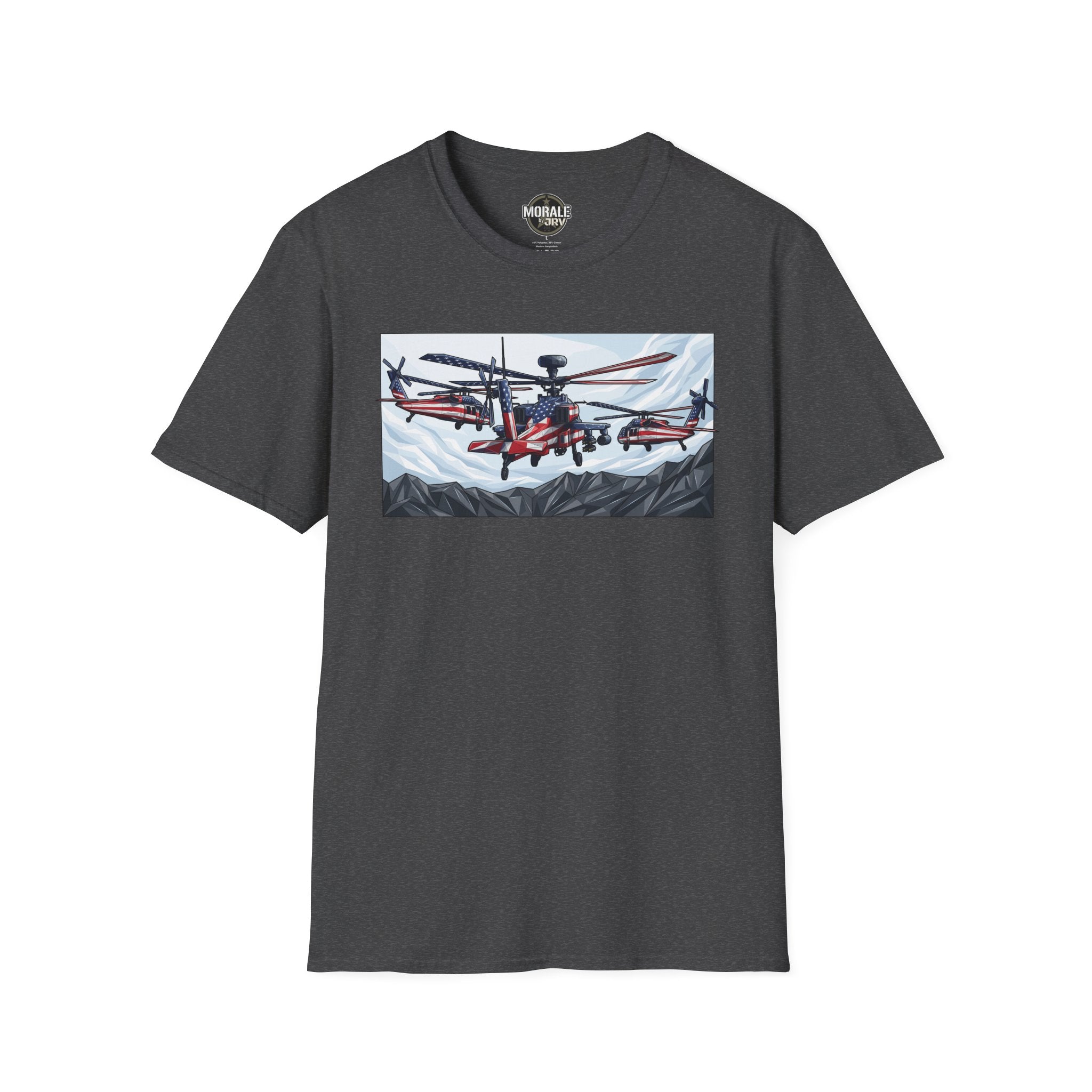 Dark charcoal T-shirt with attack helicopter graphic on chest