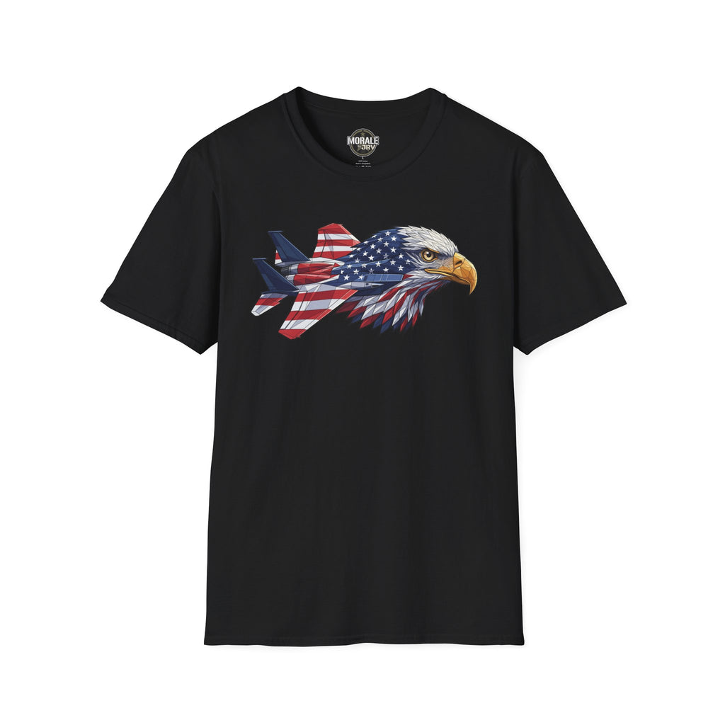 Patriotic eagle graphic T-shirt (black) with plane and American flag design