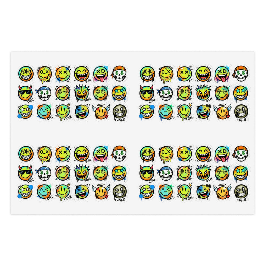 Die-cut emoji face icon sticker sheet featuring assorted round faces with playful expressions