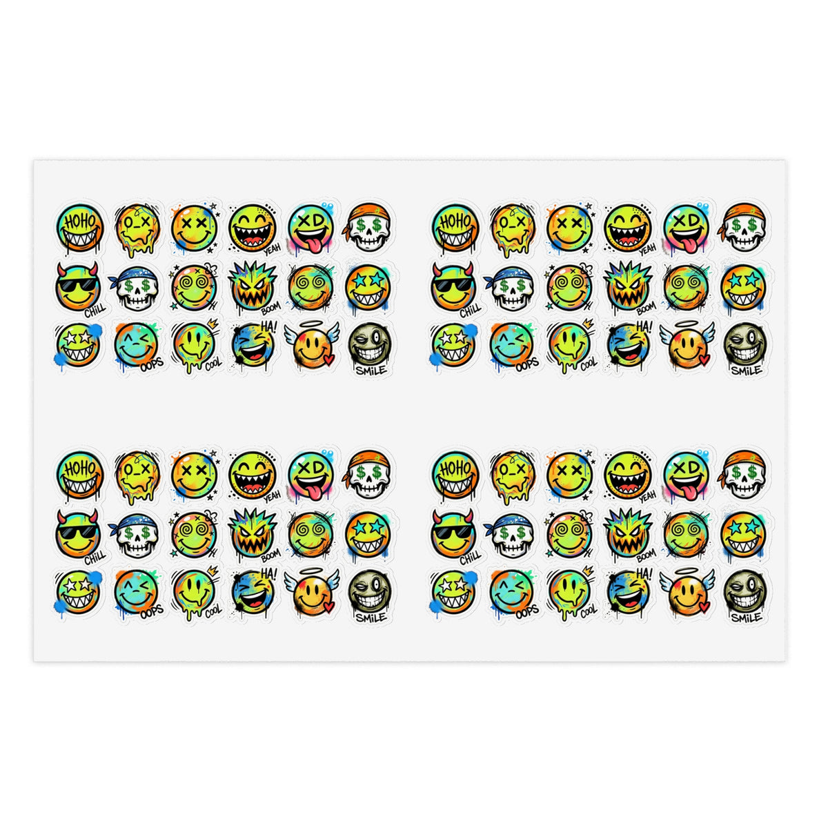 Die-cut emoji face icon sticker sheet featuring assorted round faces with playful expressions