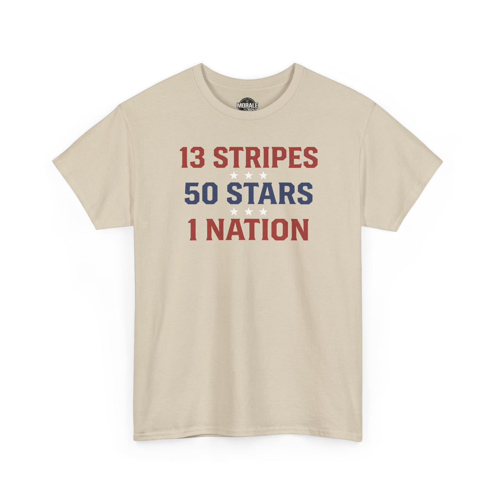 Sand crewneck T-shirt with '13 STRIPES 50 STARS 1 NATION' graphic