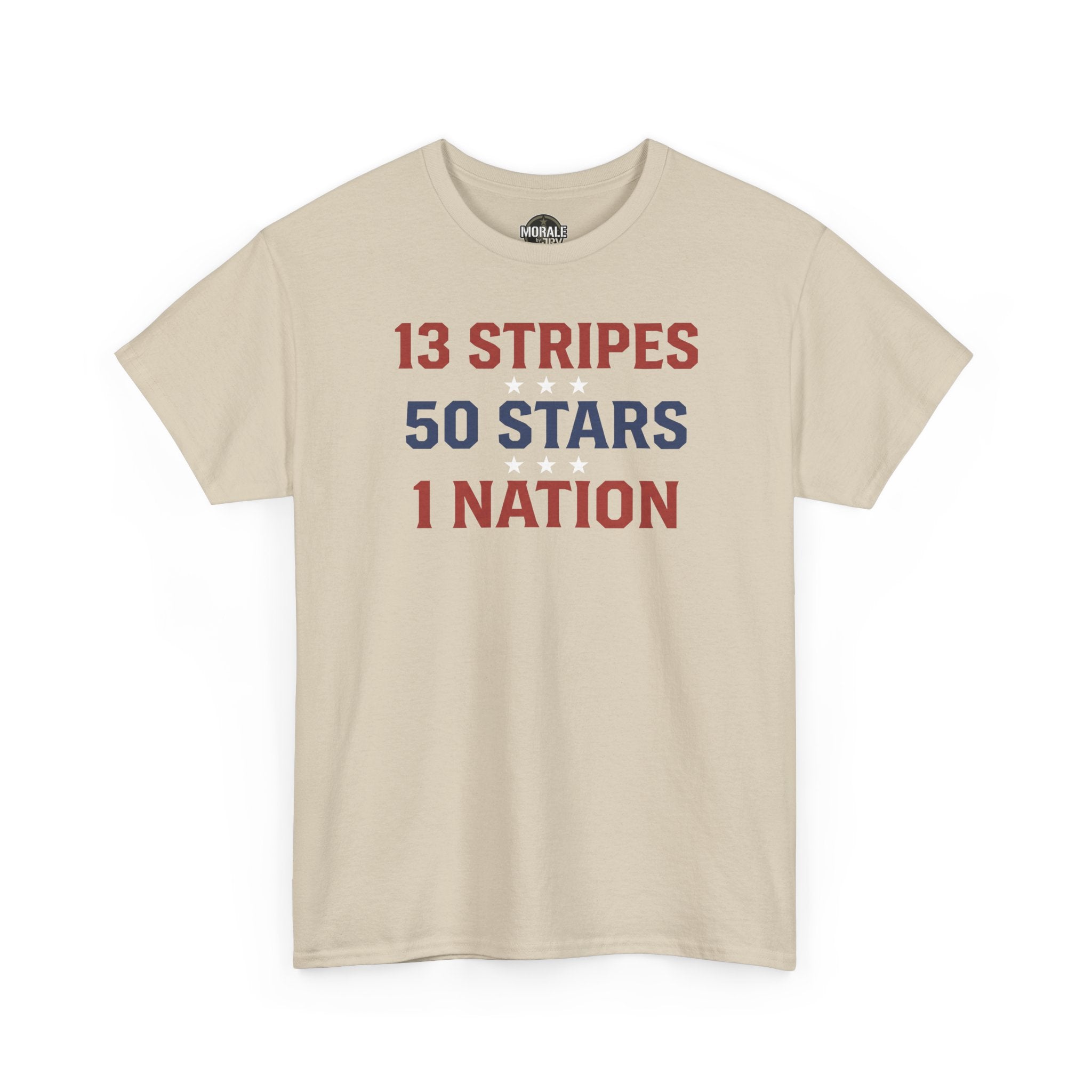 Sand crewneck T-shirt with '13 STRIPES 50 STARS 1 NATION' graphic