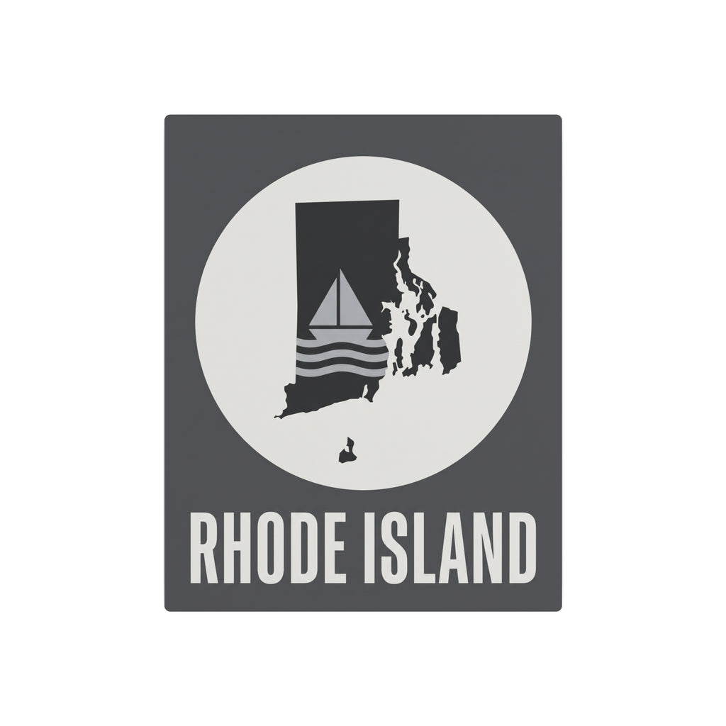 Square metal art sign showing Rhode Island sailboat silhouette in a white circle with "RHODE ISLAND"