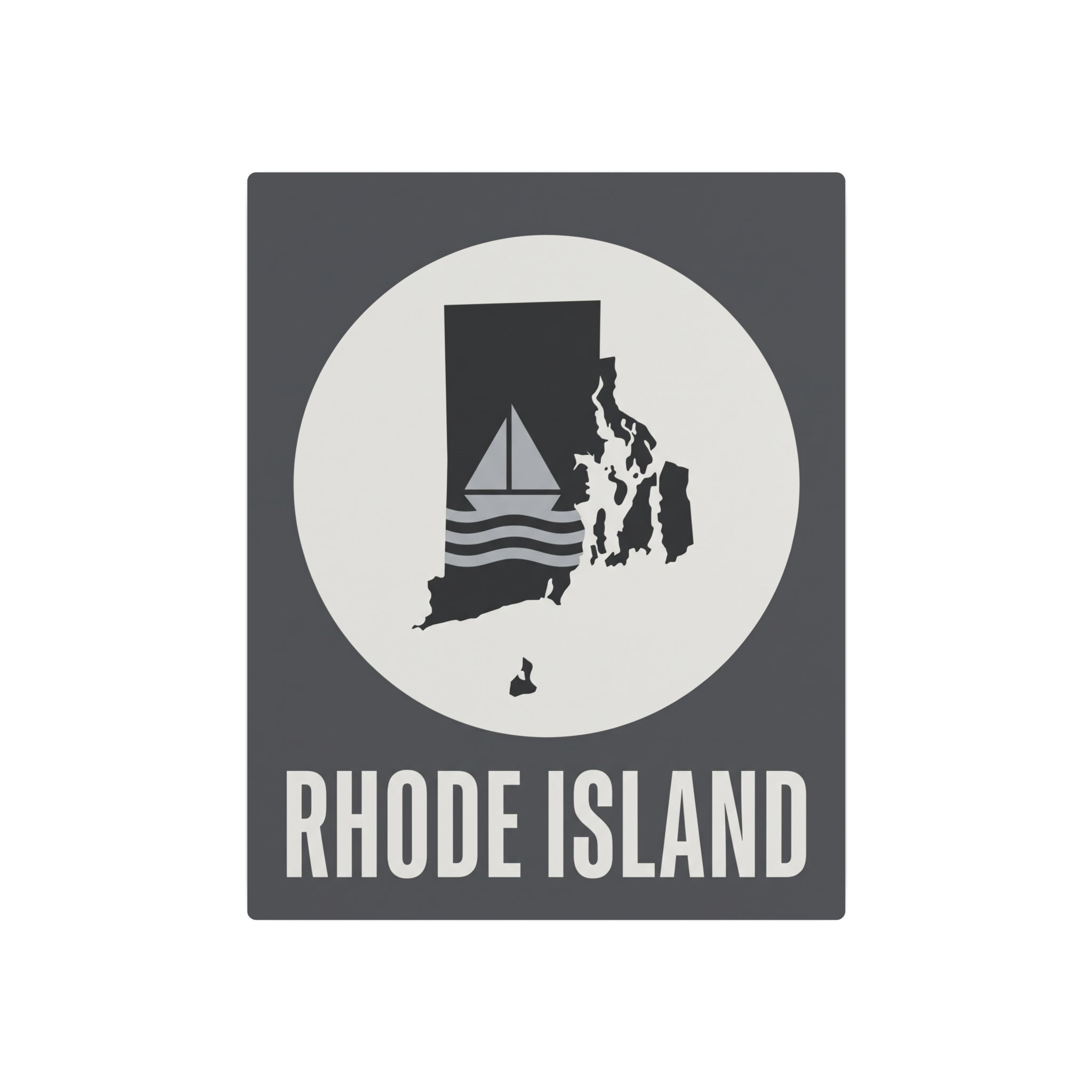 Square metal art sign showing Rhode Island sailboat silhouette in a white circle with "RHODE ISLAND"