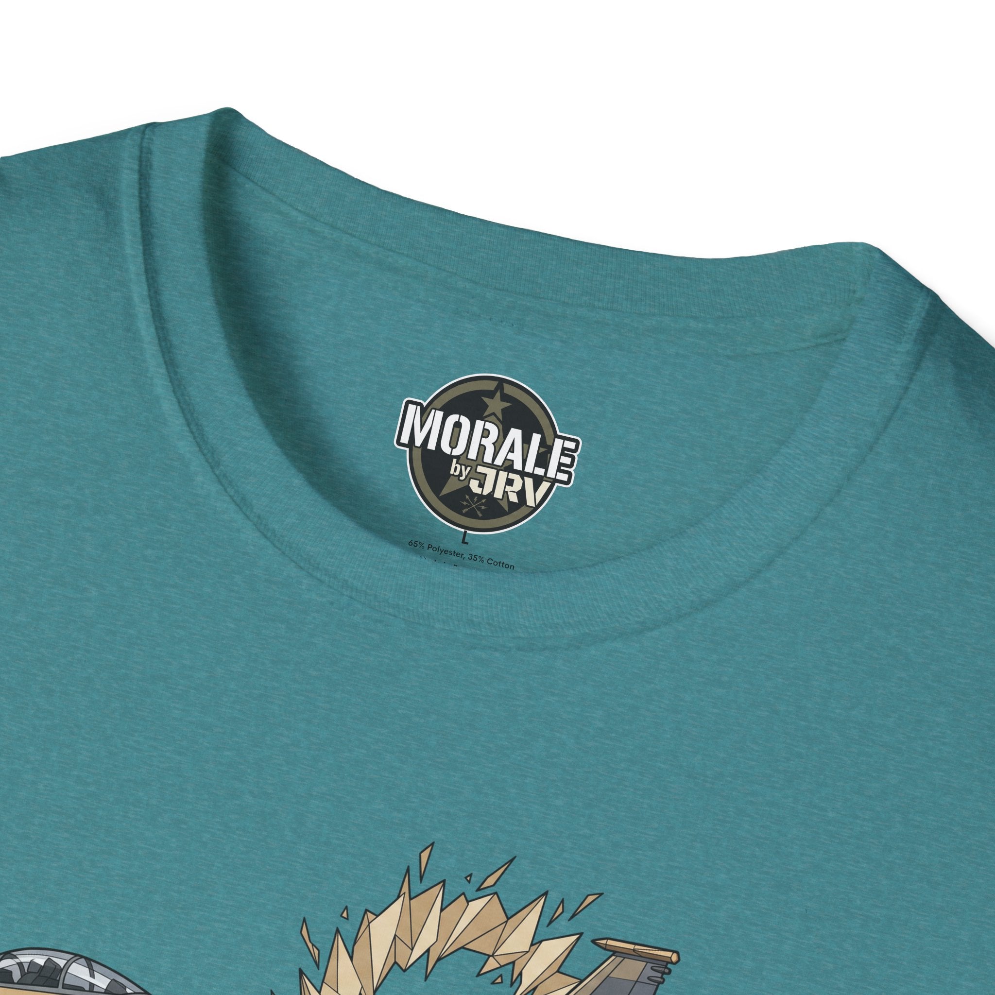 Teal T-shirt close-up: round neck logo and partial fighter-jet graphic
