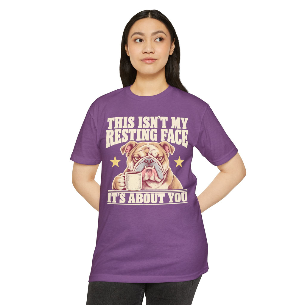Purple crewneck t-shirt with grumpy bulldog graphic and “It’s about you” text