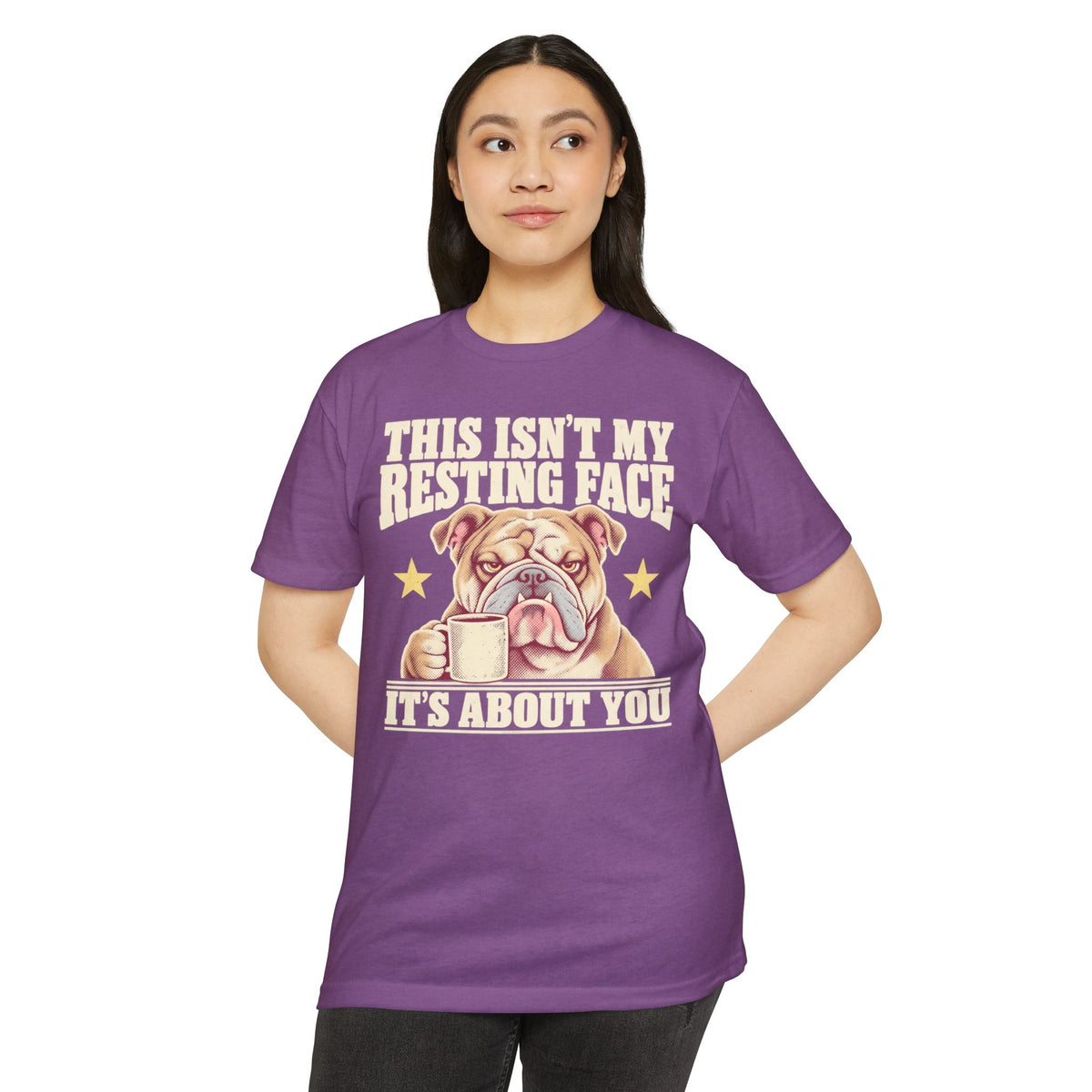 Purple crewneck t-shirt with grumpy bulldog graphic and “It’s about you” text