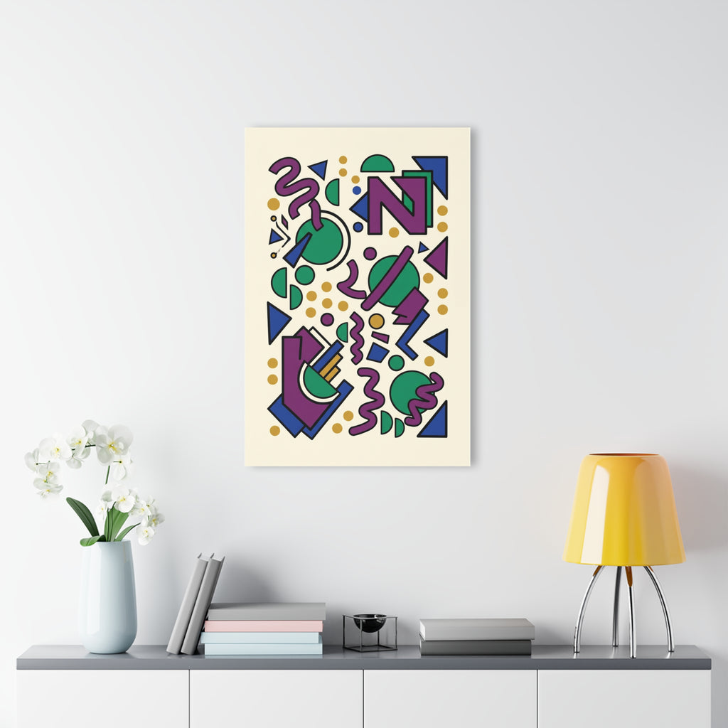 Memphis Group wall art in frame: scattered dots and geometric glyphs in purple, green, blue