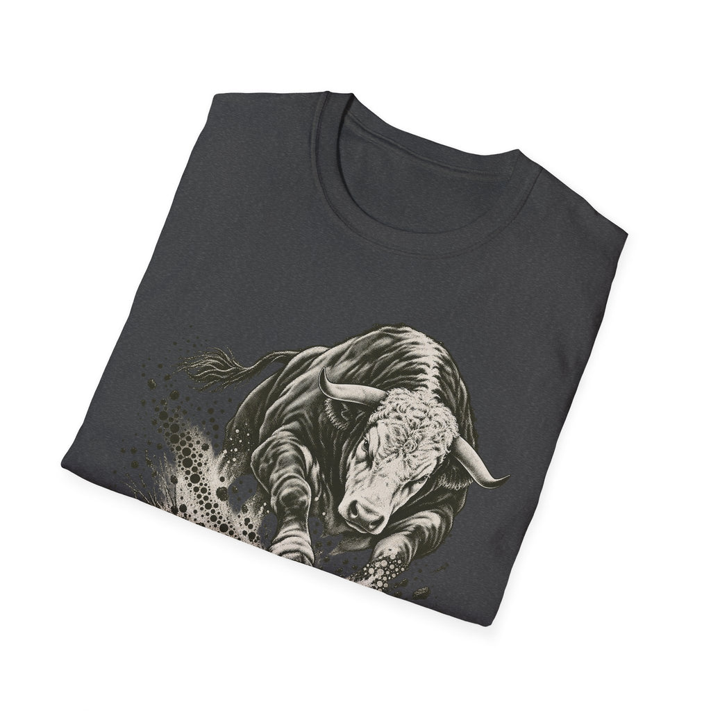 Dark gray graphic T-shirt featuring a monochrome charging bull face with splash background