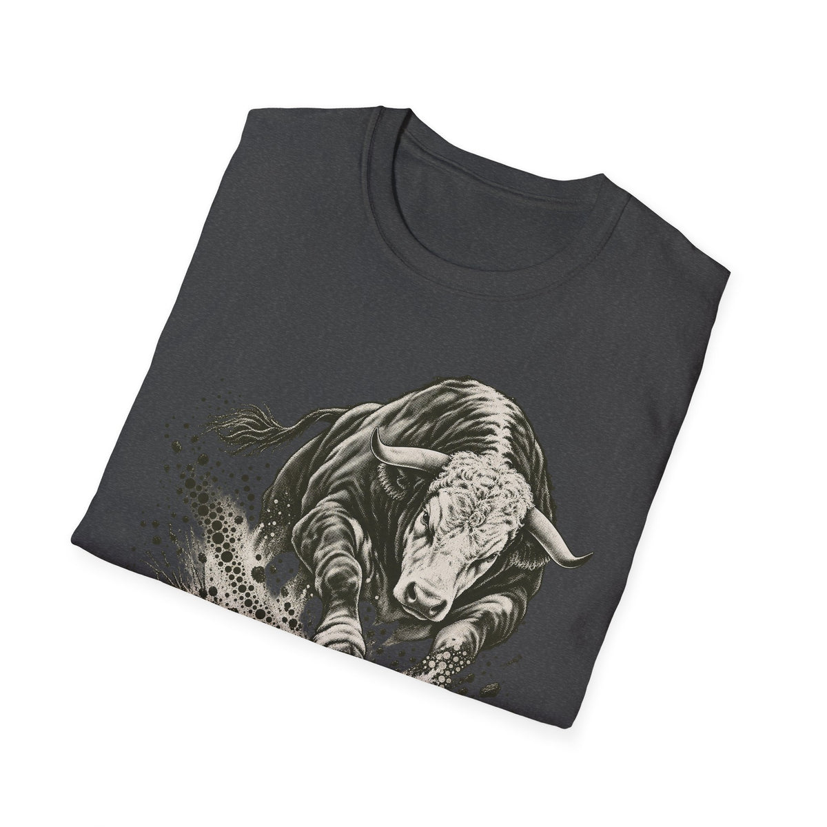 Dark gray graphic T-shirt featuring a monochrome charging bull face with splash background