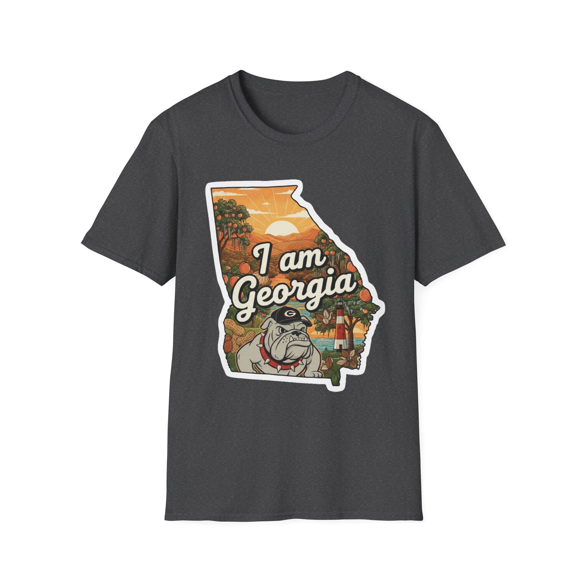 Charcoal grey T-shirt with “I am Georgia” bulldog state map sunset graphic