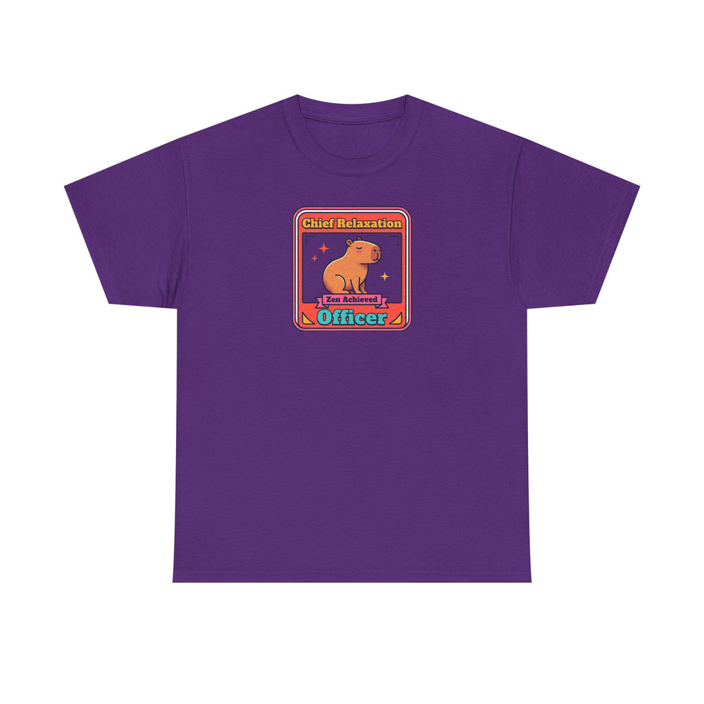 Purple graphic T-shirt with capybara zen badge logo at center