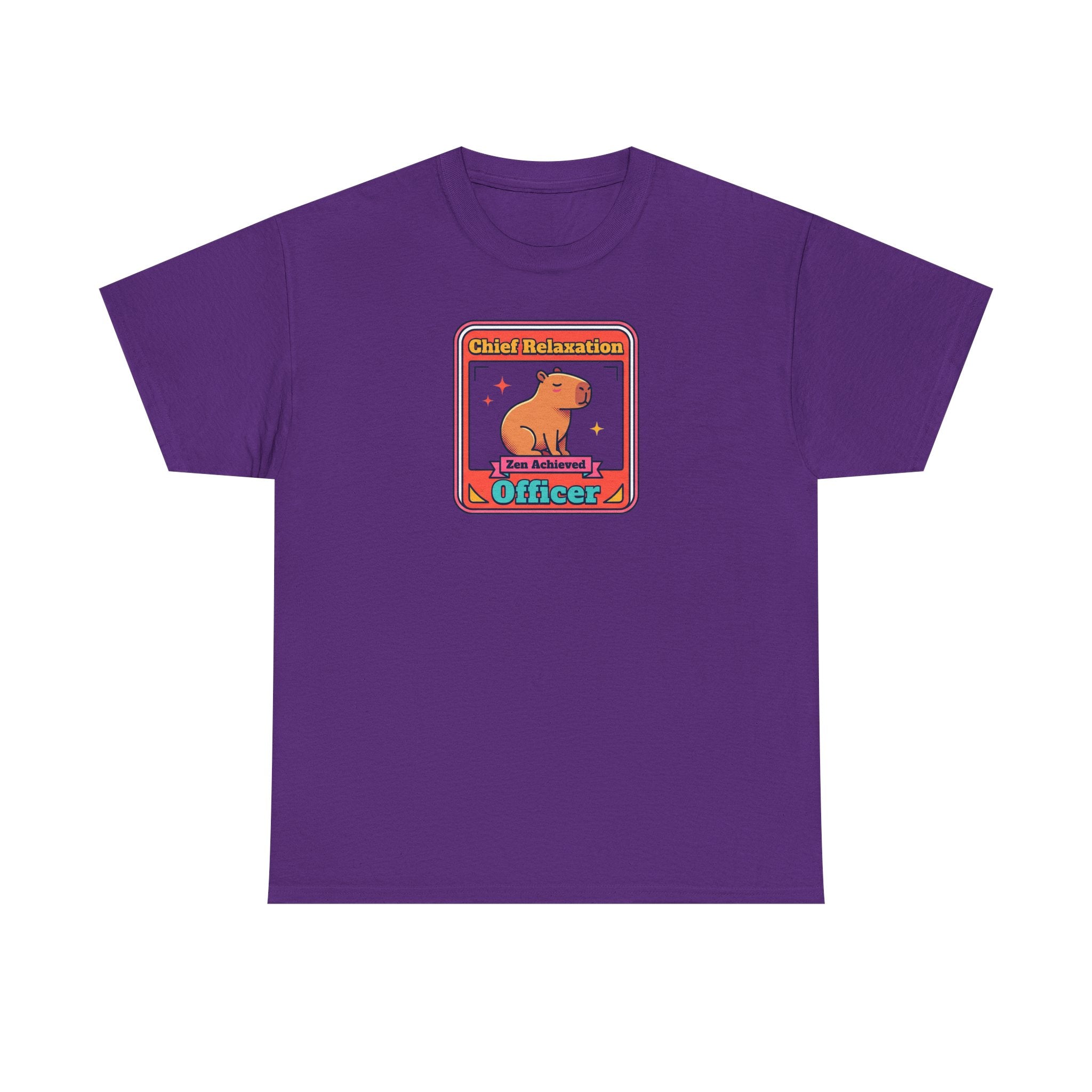 Purple graphic T-shirt with capybara zen badge logo at center