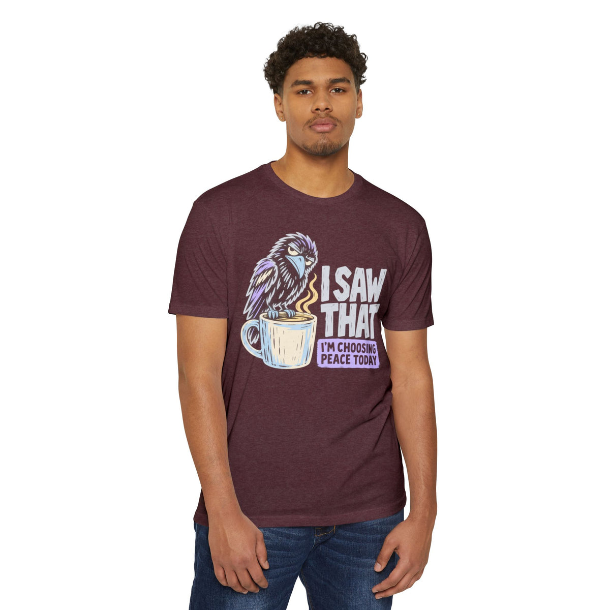 Maroon T-shirt with raven and peace coffee graphic, crew neck, short sleeves