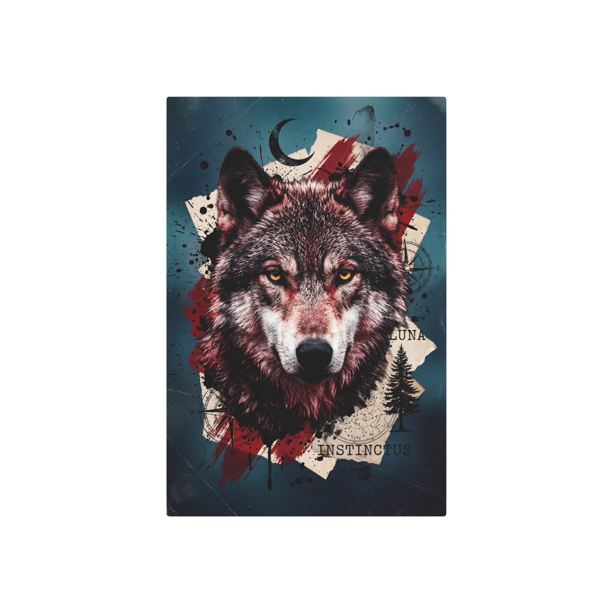 Wolf portrait wall art with crescent moon and red paint marks over dark teal.