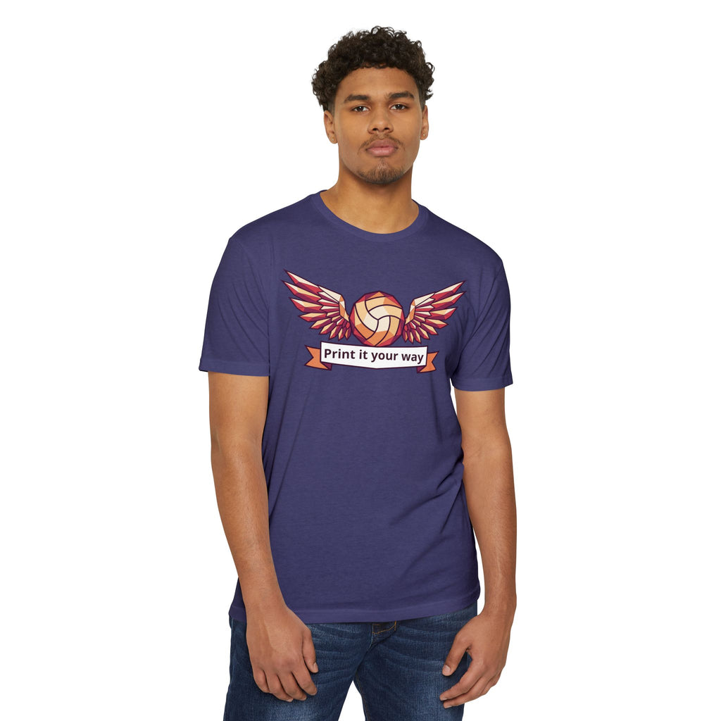 Unisex volleyball T-shirt, purple with winged volleyball banner print