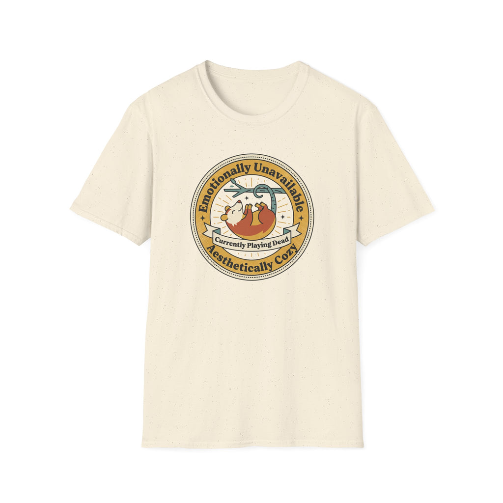 Cream T-shirt with circular sloth “Emotionally Unavailable” play-dead graphic