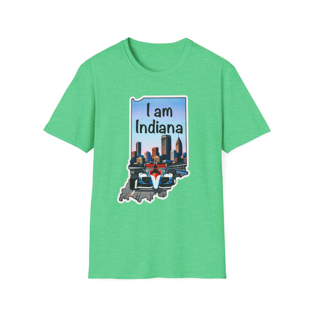 I am Indiana T-Shirt, grün: Indiana-Schriftzug, Skyline & IndyCar im Umriss