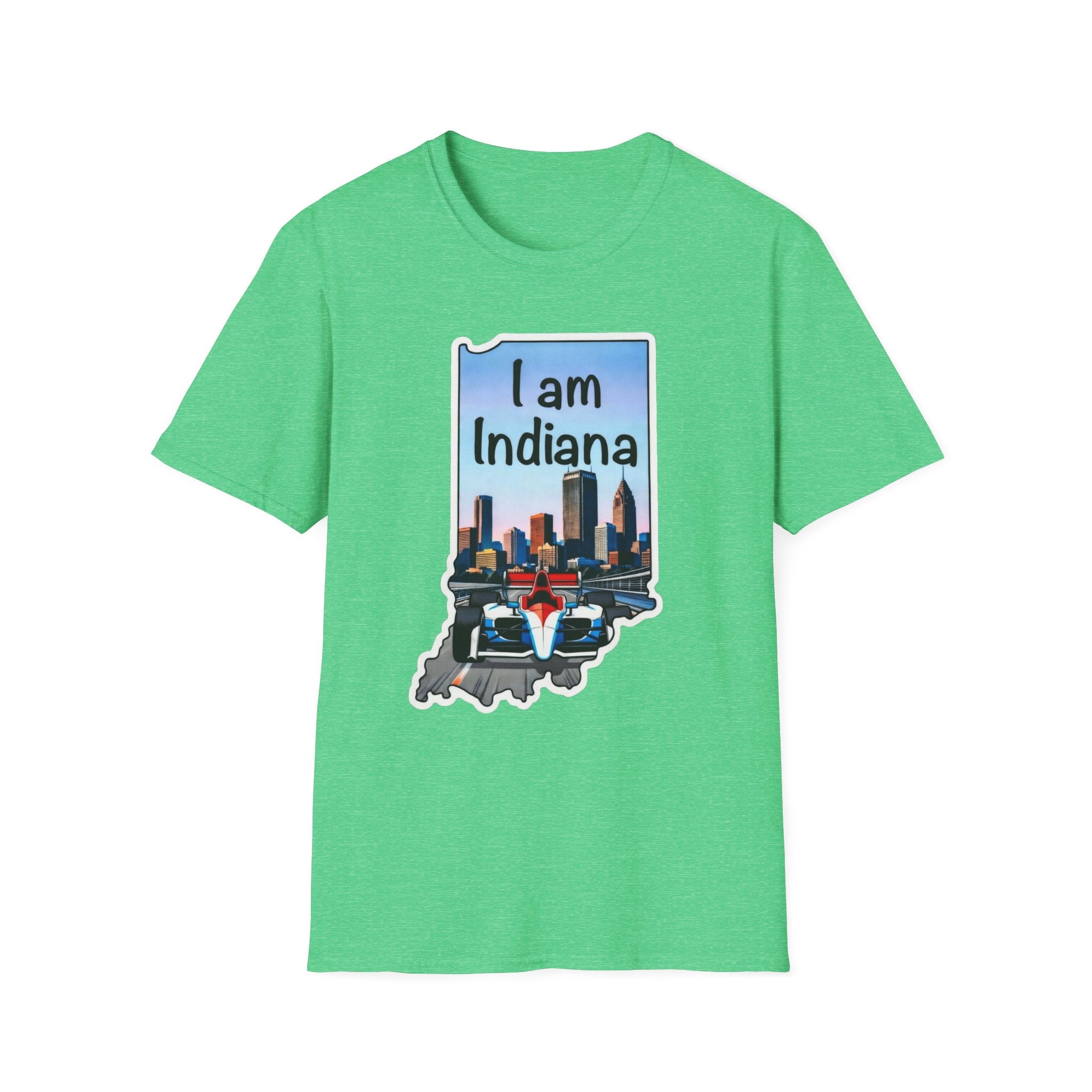 I am Indiana T-Shirt, grün: Indiana-Schriftzug, Skyline & IndyCar im Umriss