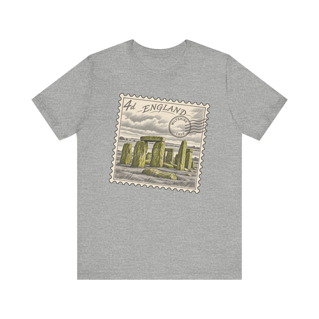 Light heather gray T-shirt with England postage stamp graphic on the front
