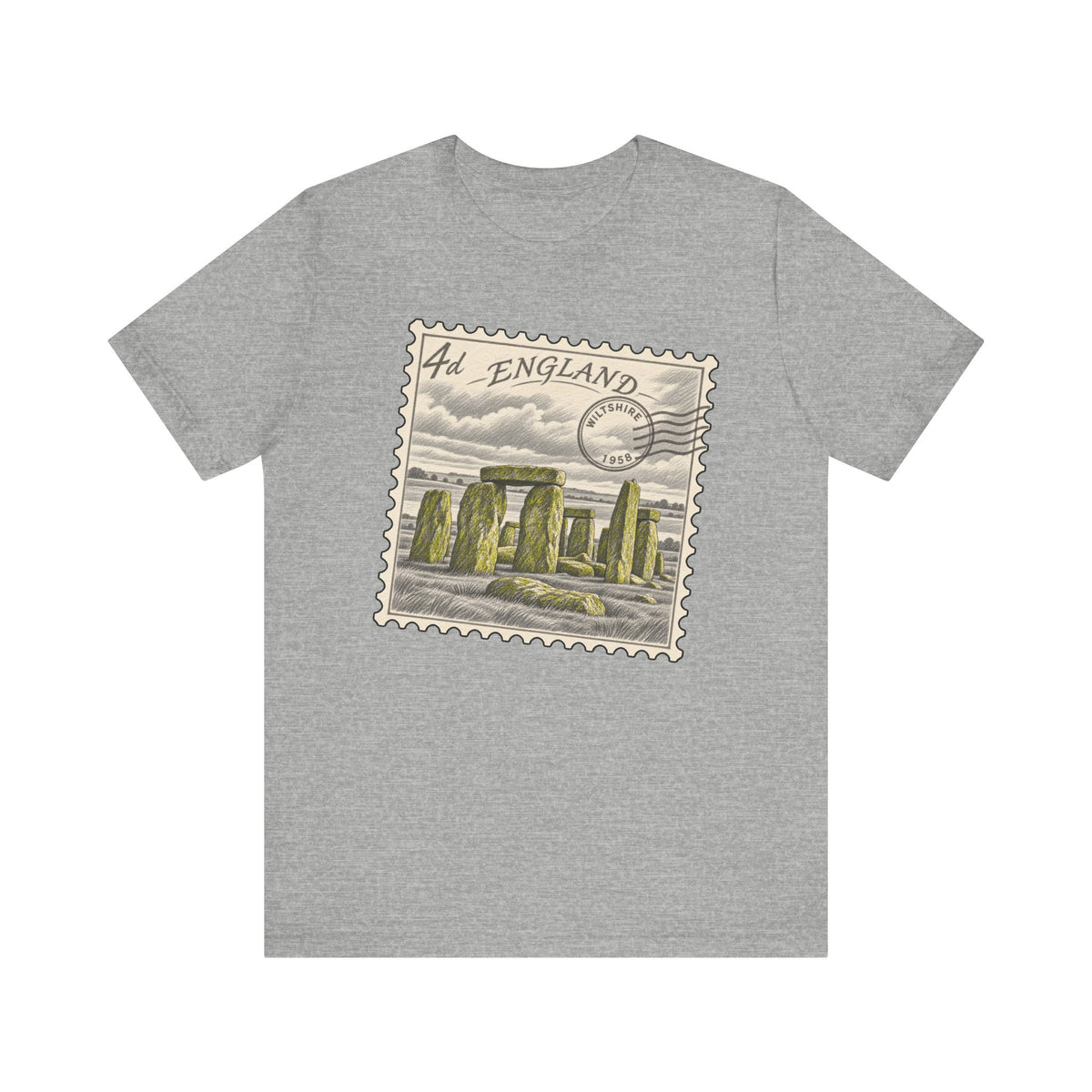 Light heather gray T-shirt with England postage stamp graphic on the front