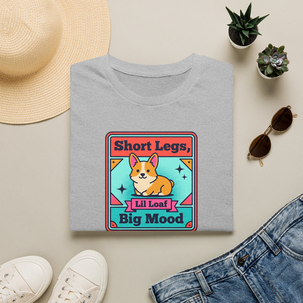 Light gray short-sleeve T-shirt with colorful corgi graphic and “Big Mood” slogan