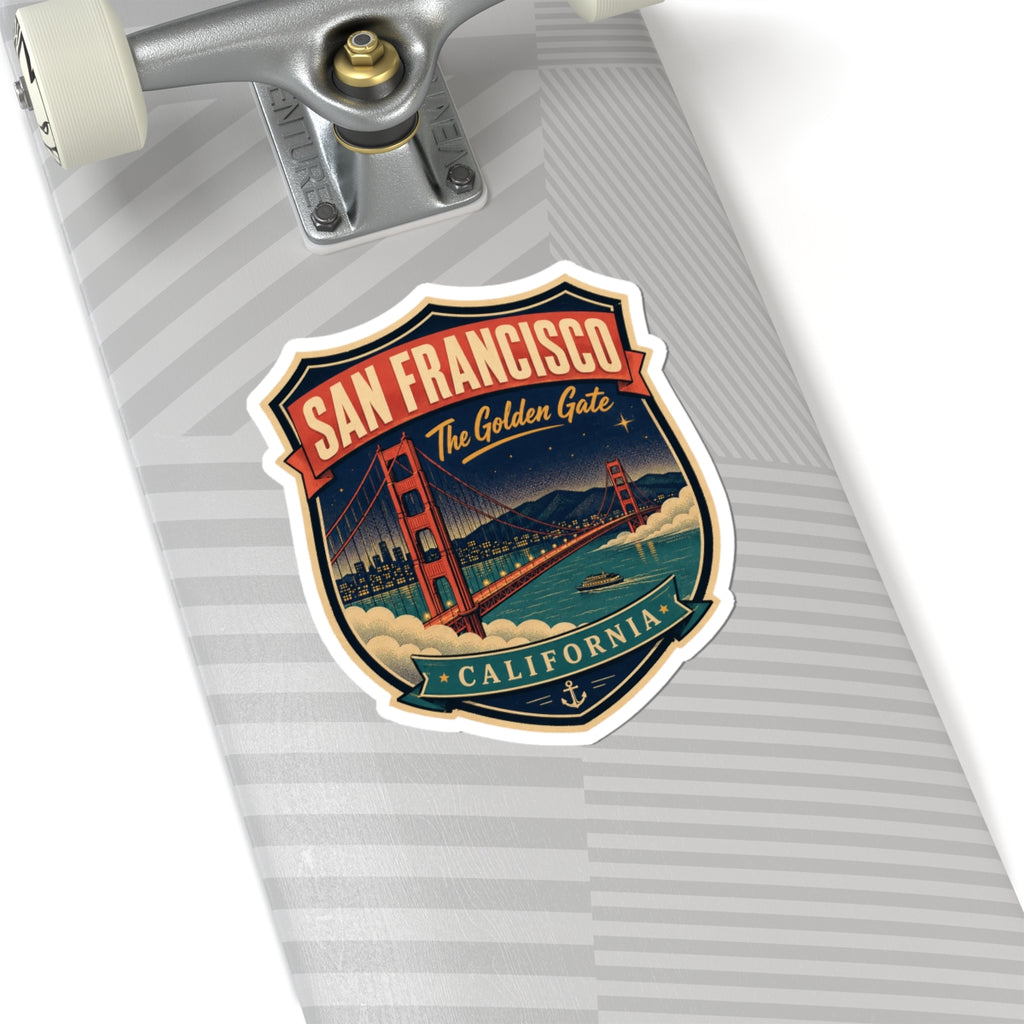 Luggage tag sticker on suitcase surface: San Francisco crest with Golden Gate Bridge and anchor