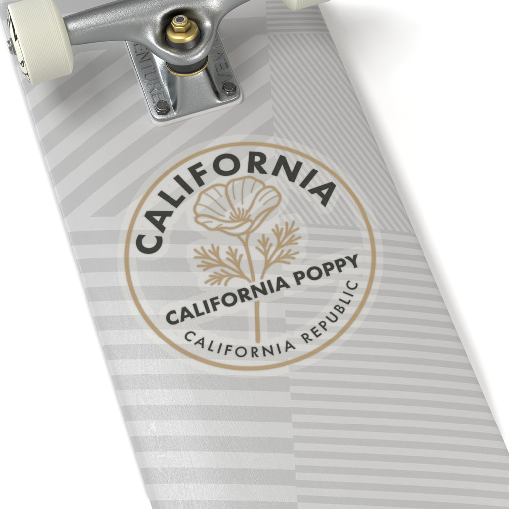 Transparent vinyl circular sticker with California poppy and 'California Republic' text