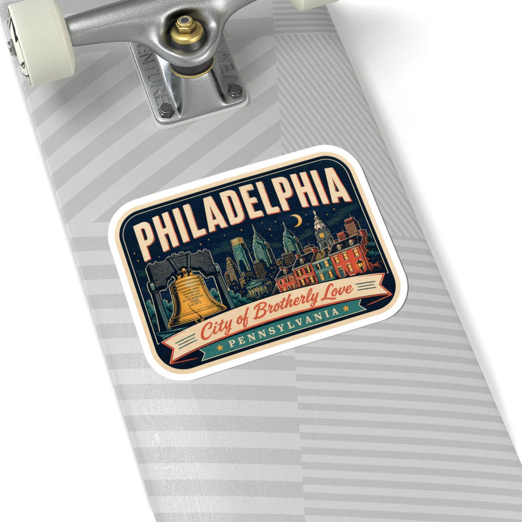 Retro luggage tag sticker with Philadelphia title, city art, and "City of Brotherly Love" ribbon