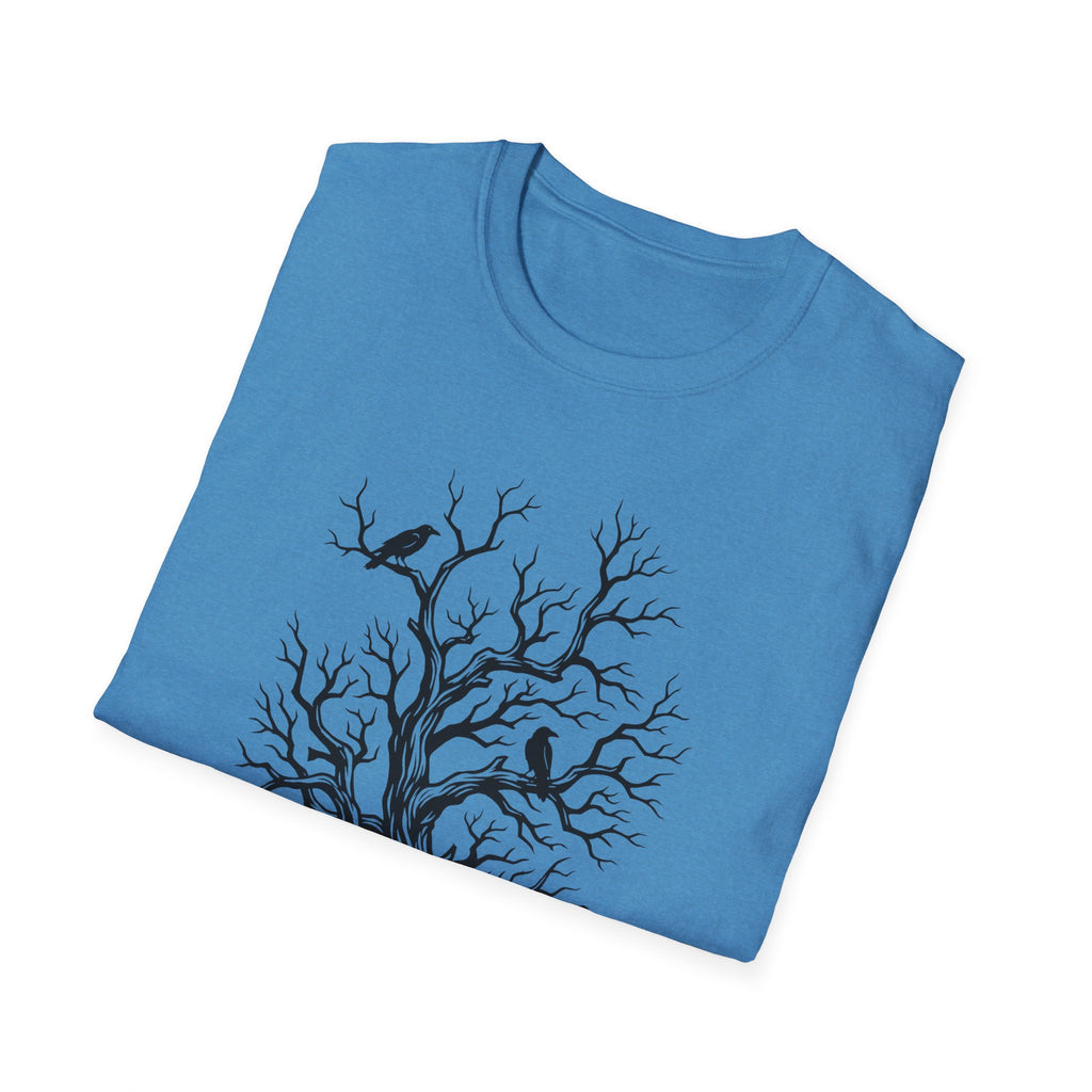 Blue crew-neck T-shirt with bare-branch tree and crows nature graphic