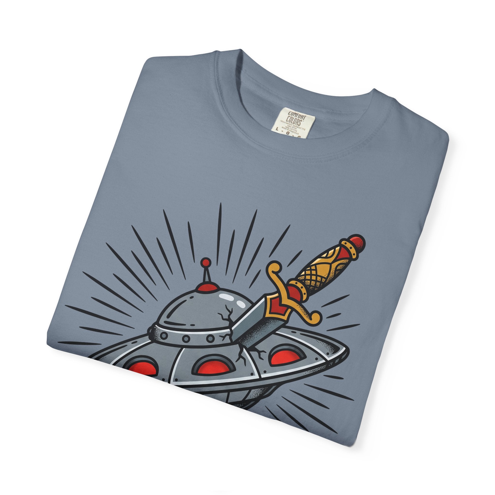 Blue graphic T-shirt with UFO and dagger “No Trespassing” print