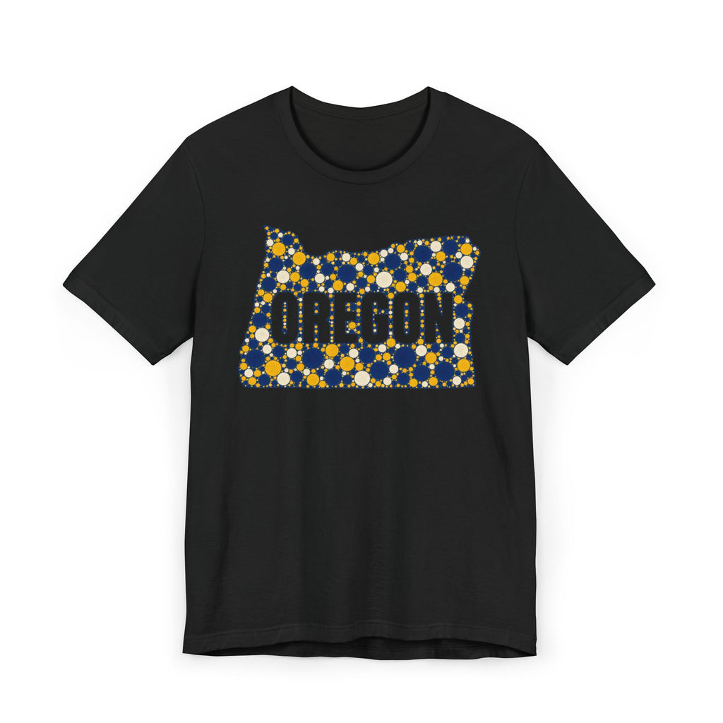 Black Oregon map graphic t-shirt with blue and gold polka dot lettering