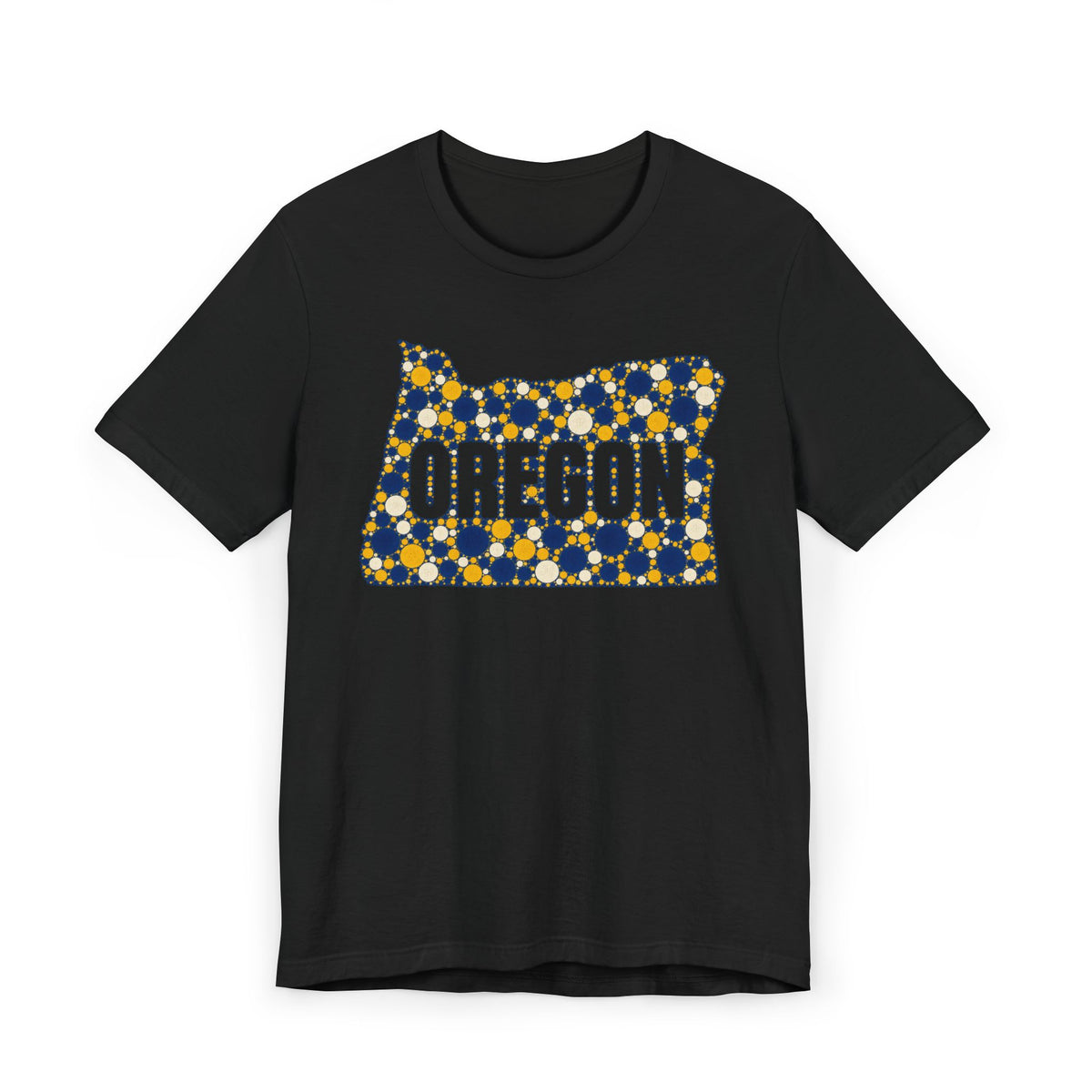 Black Oregon map graphic t-shirt with blue and gold polka dot lettering