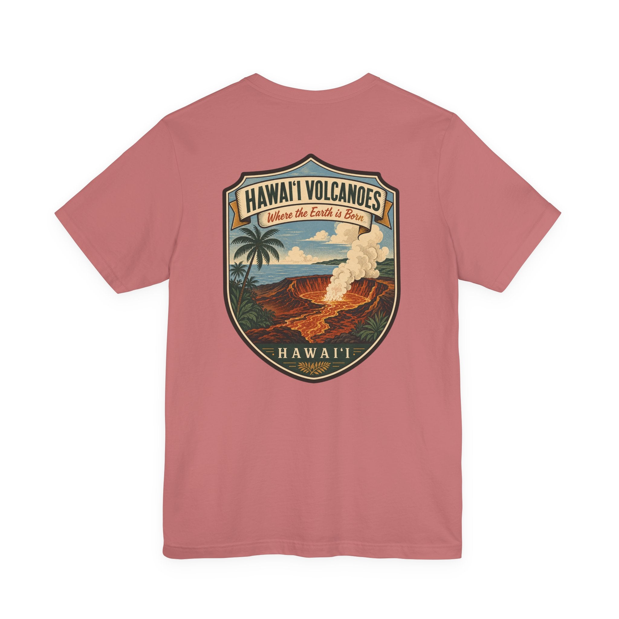 Dusty rose T-shirt with volcano shield graphic and lava eruption illustration