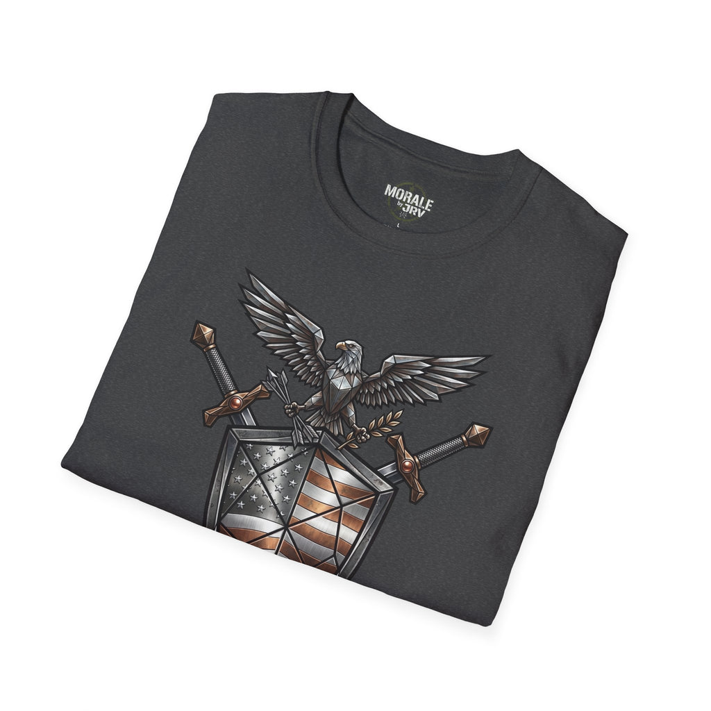 Dark heather T-shirt with eagle, crossed swords, shield and American flag crest front graphic